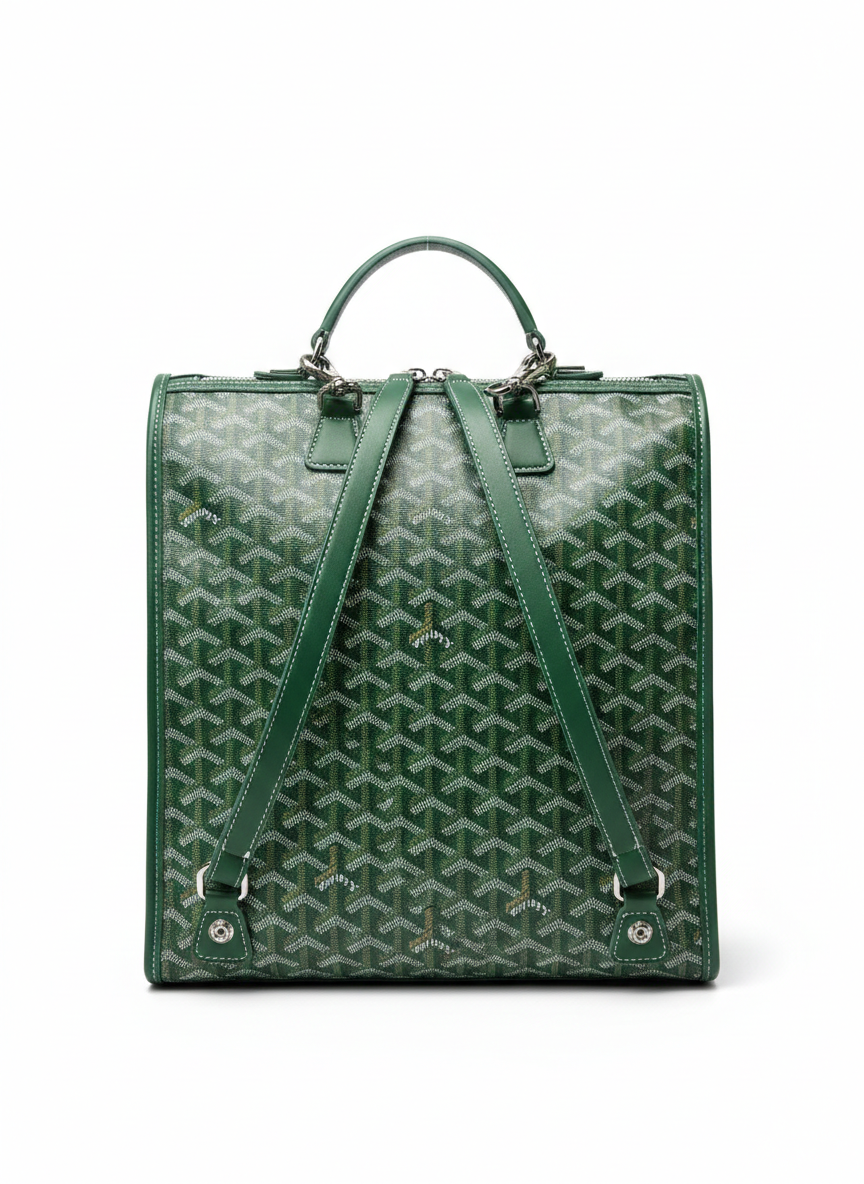 Goyard Saint Léger backpack in green Goyardine canvas and leather trim