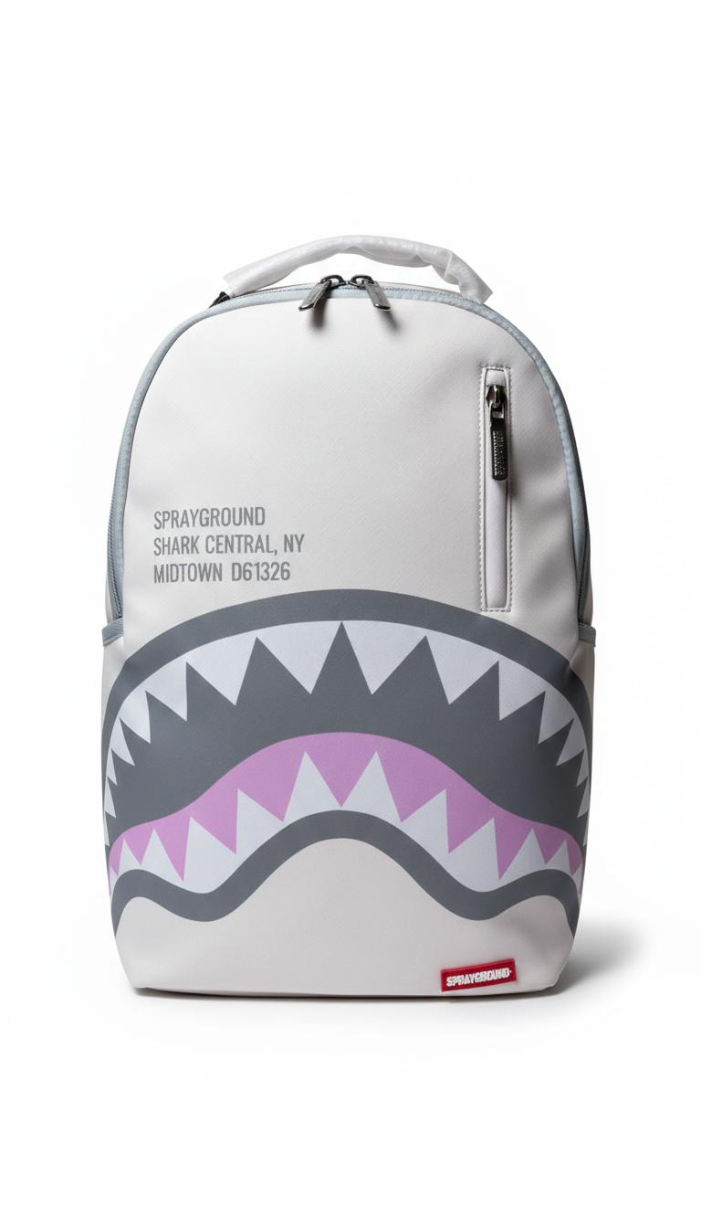 Sprayground Shark Central DLXSV backpack in white faux leather.