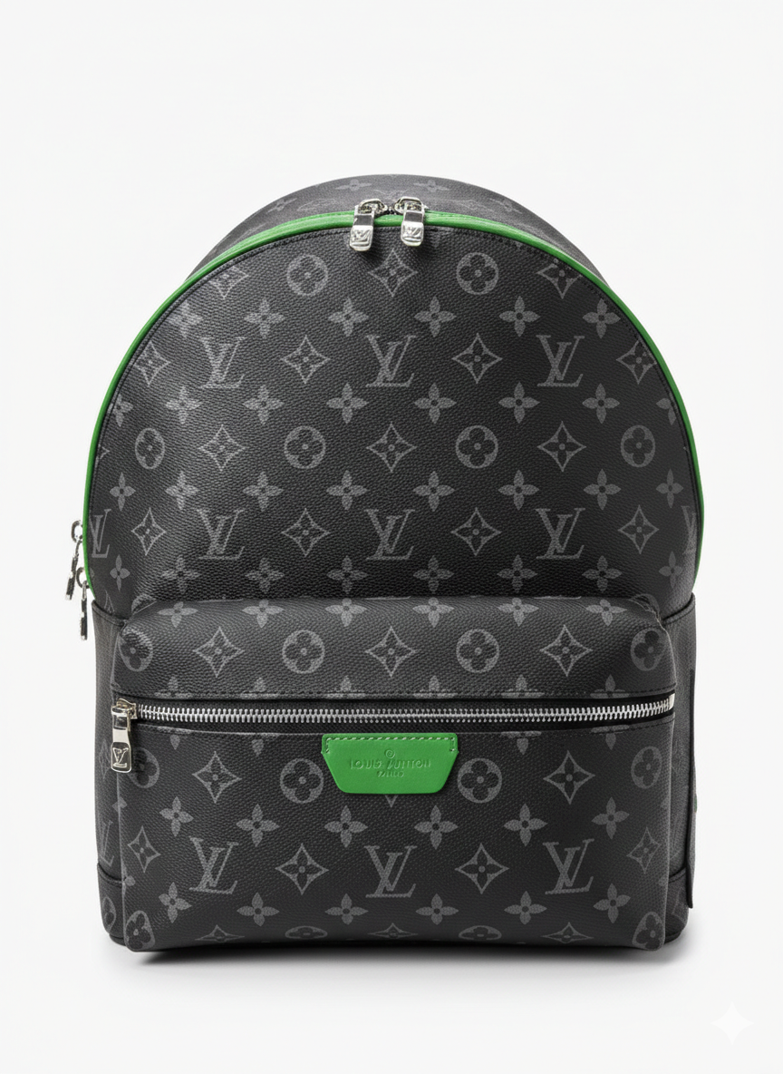 Louis Vuitton Discovery Backpack PM in Monogram Eclipse canvas with a green leather trim