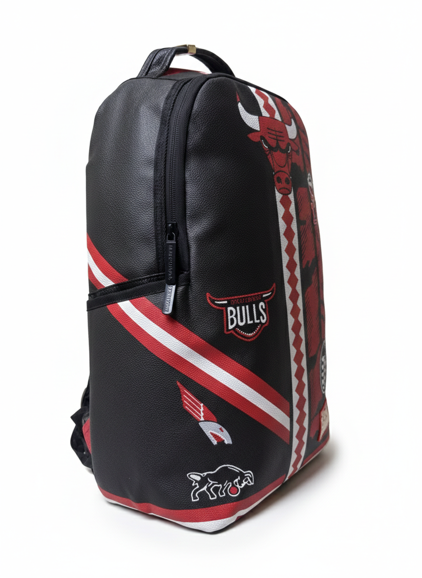 Sprayground Chicago Bulls Split Backpack in black and red.