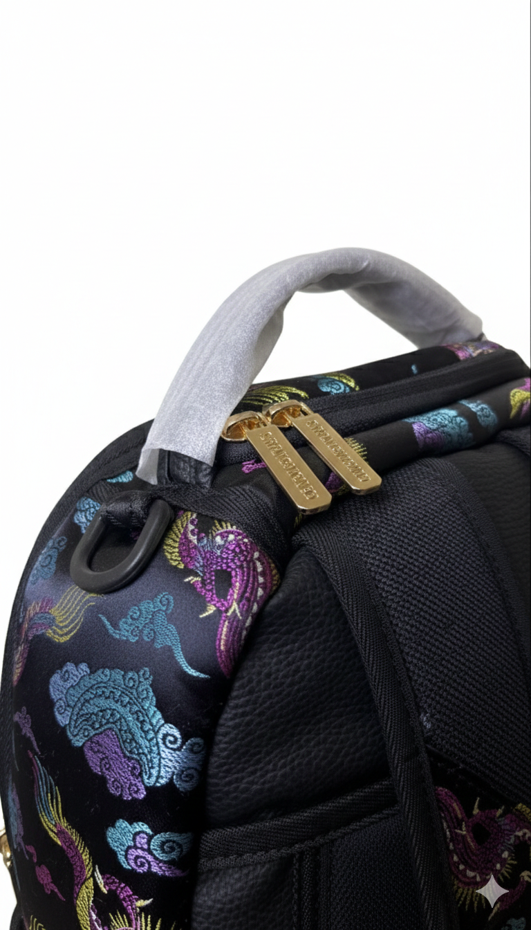 Sprayground Embroidered Dragons DLX backpack made from durable faux leathe