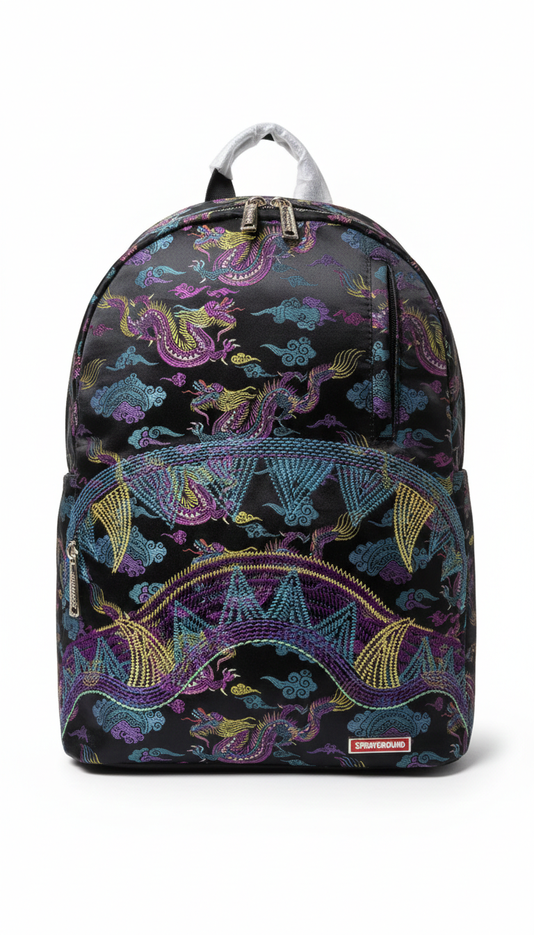 Sprayground Embroidered Dragons DLX backpack made from durable faux leathe