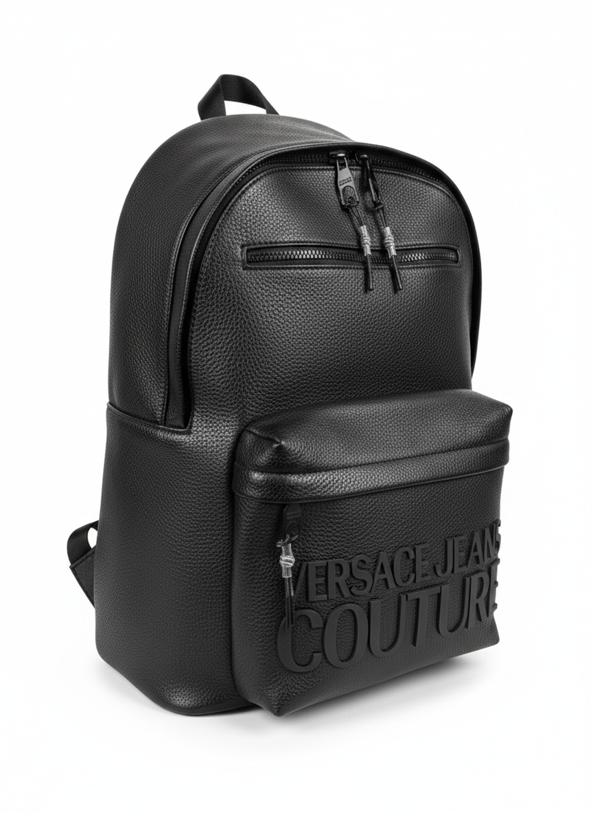Black Versace Jeans Couture faux leather backpack with an embossed logo.