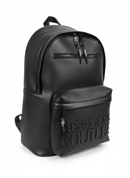 Black Versace Jeans Couture faux leather backpack with an embossed logo.