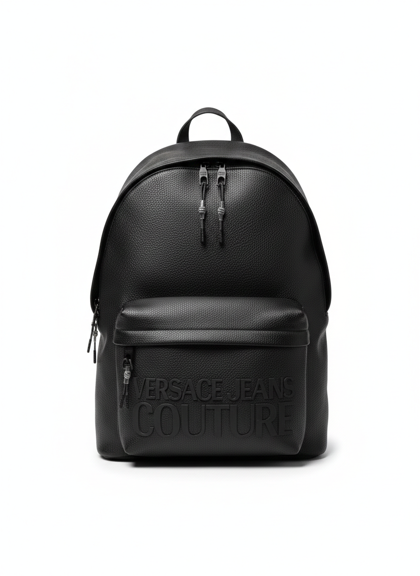 Black Versace Jeans Couture faux leather backpack with an embossed logo.