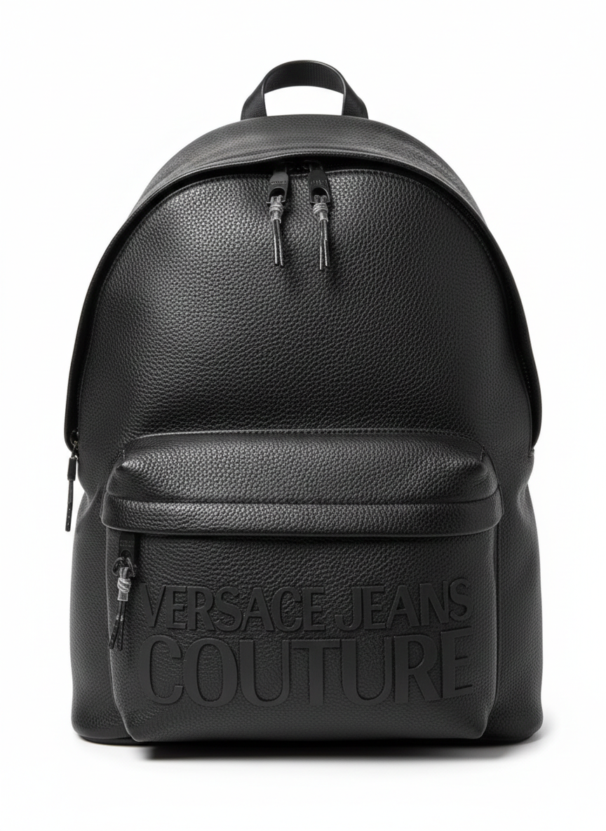 Black Versace Jeans Couture faux leather backpack with an embossed logo.