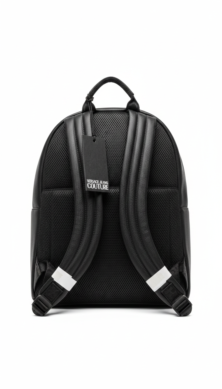 Black Versace Jeans Couture faux leather backpack with an embossed logo.