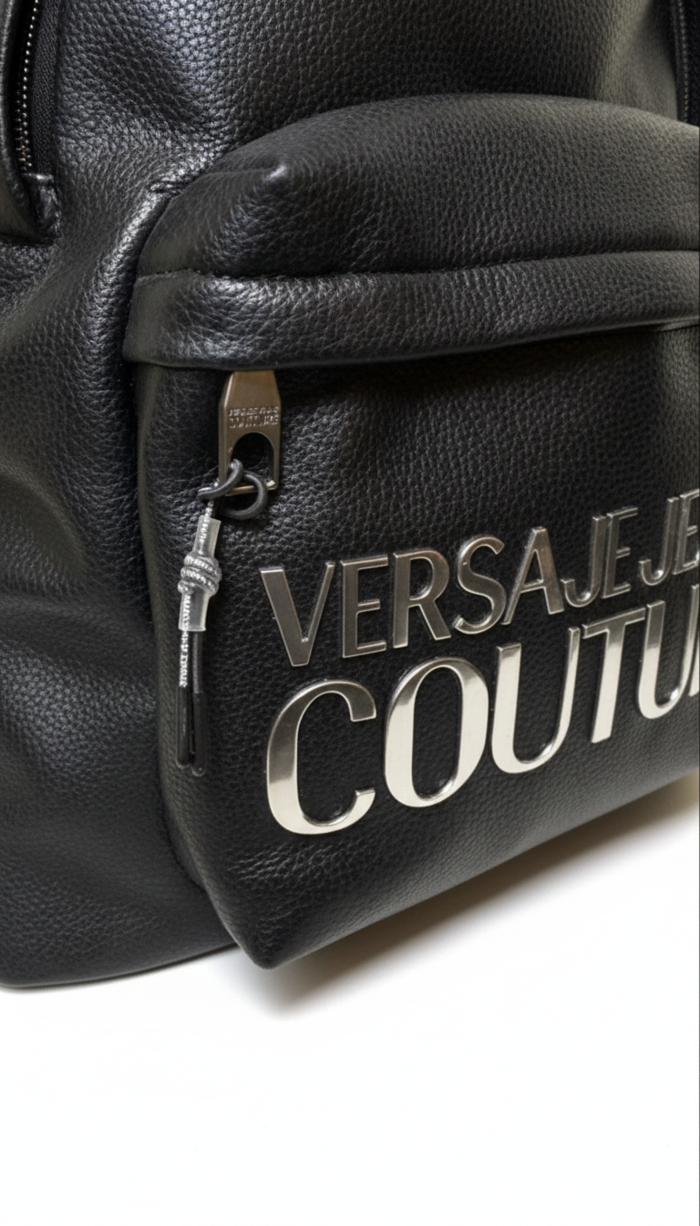 Black Versace Jeans Couture faux leather backpack with an embossed logo.
