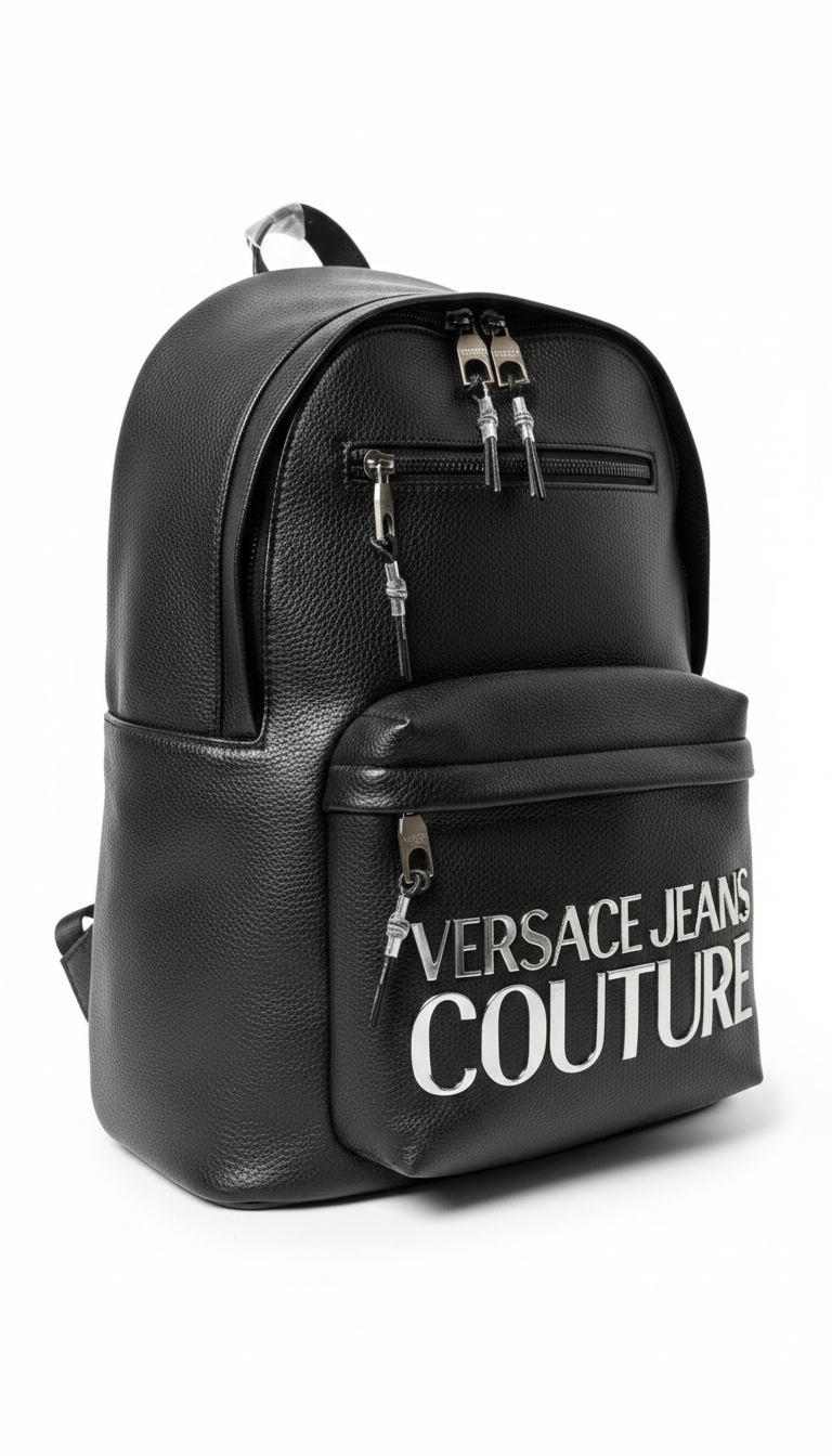 Black Versace Jeans Couture faux leather backpack with an embossed logo.