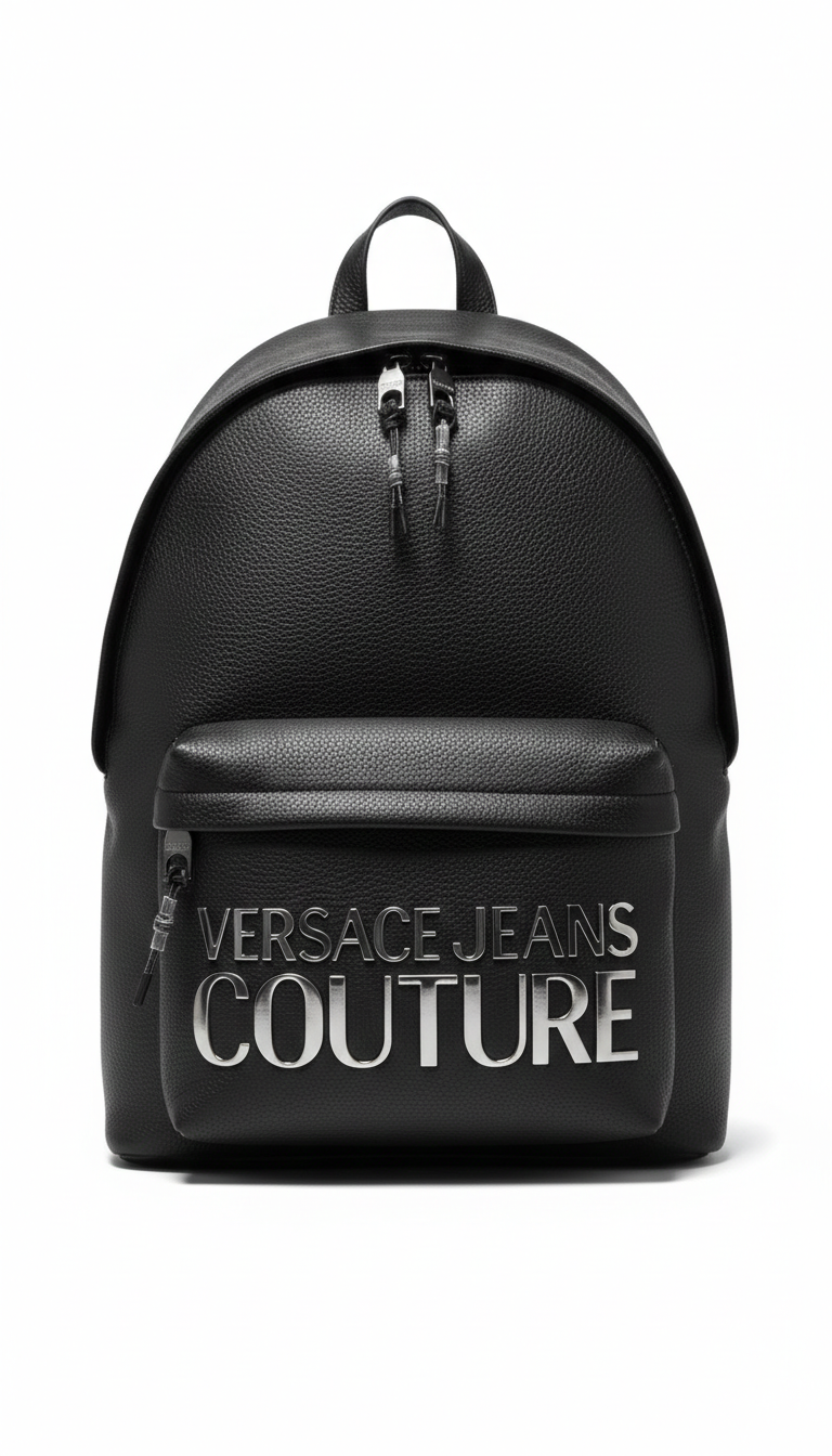 Black Versace Jeans Couture faux leather backpack with an embossed logo.