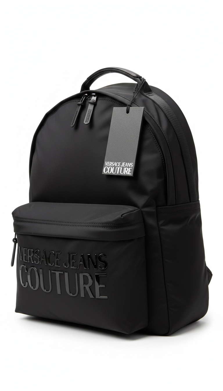 Black Versace Jeans Couture logo-print zip-up backpack, typically made of polyamide or nylon material.