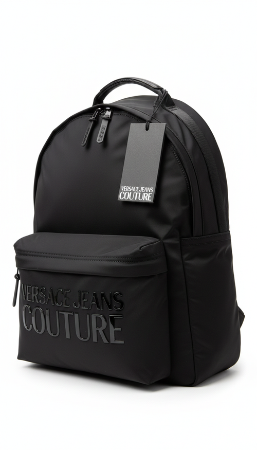 Black Versace Jeans Couture logo-print zip-up backpack, typically made of polyamide or nylon material.