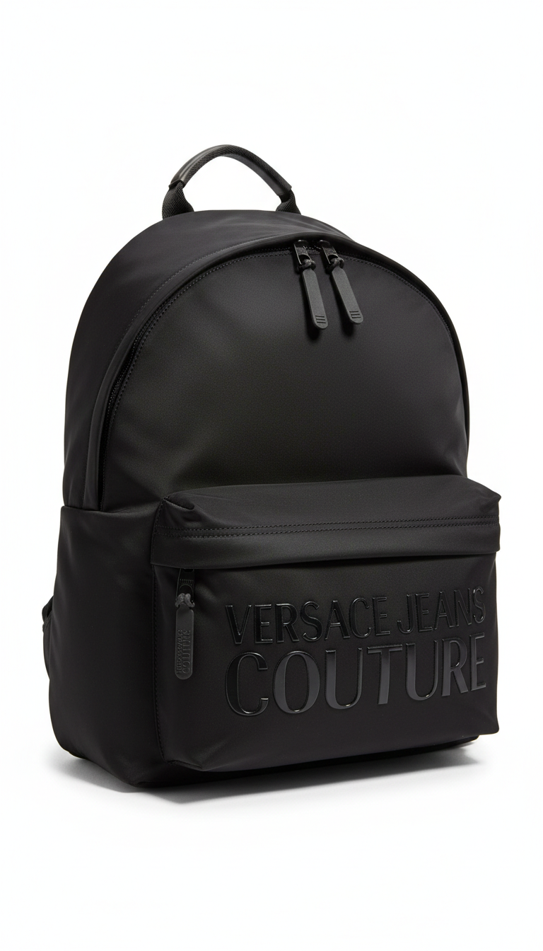 Black Versace Jeans Couture logo-print zip-up backpack, typically made of polyamide or nylon material.