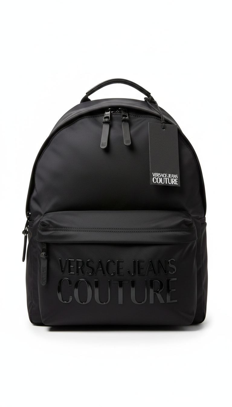 Black Versace Jeans Couture logo-print zip-up backpack, typically made of polyamide or nylon material.