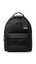 Black Versace Jeans Couture logo-print zip-up backpack, typically made of polyamide or nylon material.