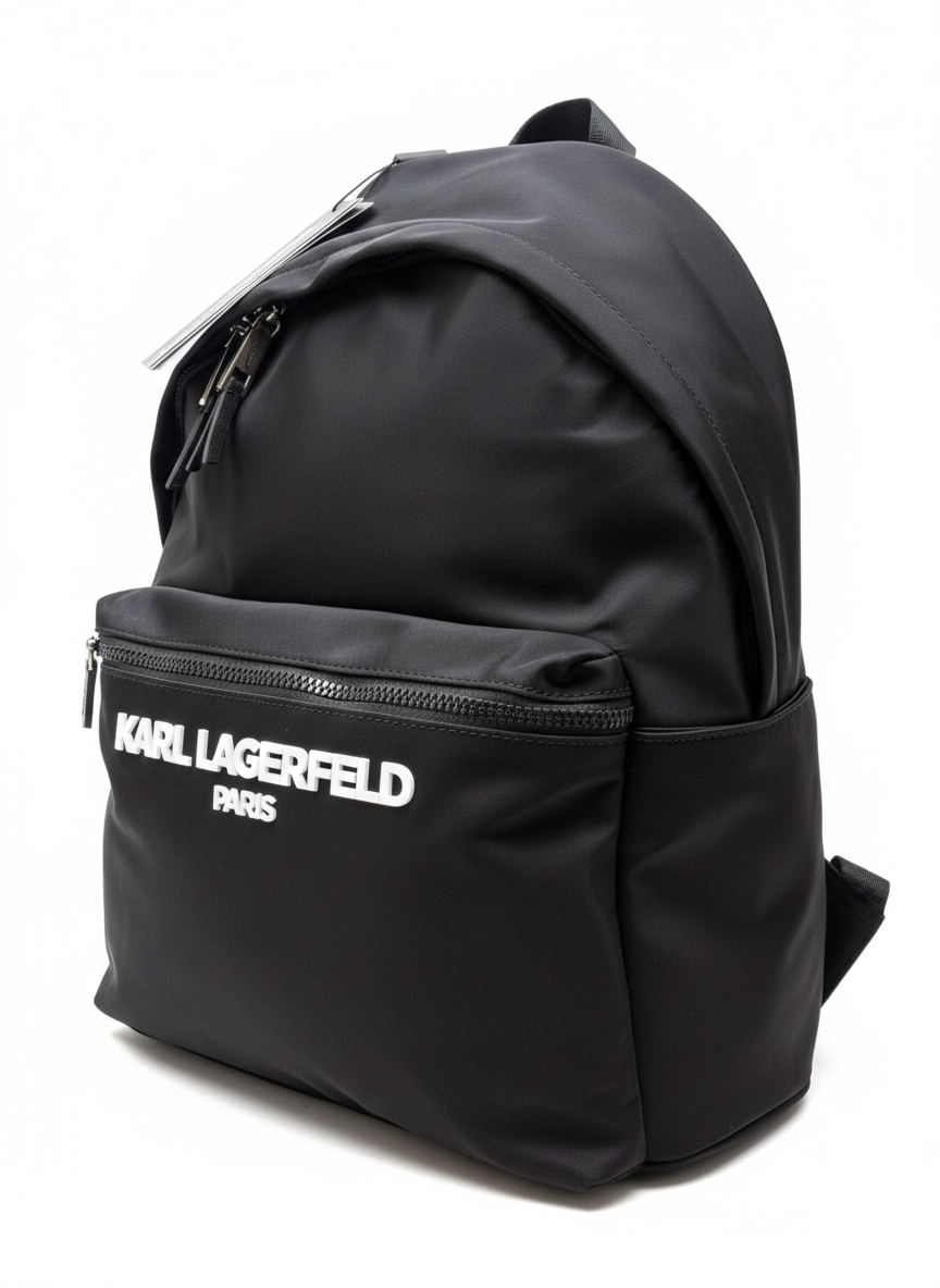 Karl Lagerfeld Paris Voyage Backpack in black nylon.