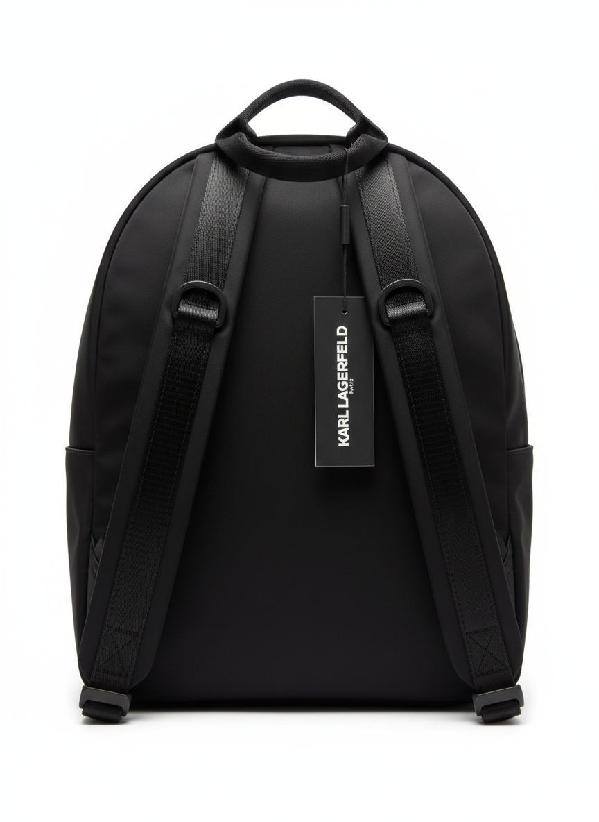 Karl Lagerfeld Paris Voyage Backpack in black nylon.