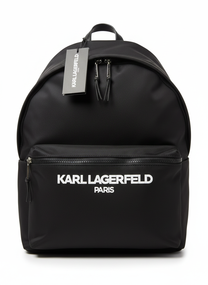 Karl Lagerfeld Paris Voyage Backpack in black nylon.